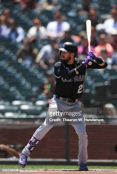 David Dahl of the Colorado Rockies bats against the San Francisco Giants in the top of the first inning at AT&T Park on May 19, 2018 in San...