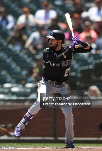 David Dahl of the Colorado Rockies bats against the San Francisco Giants in the top of the first inning at AT&T Park on May 19, 2018 in San...