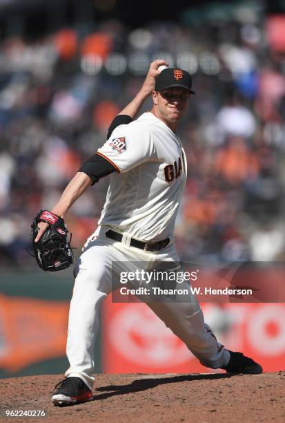 Tony Watson of the San Francisco Giants pitches against the Colorado Rockies in the top of the ninth inning at AT&T Park on May 19, 2018 in San...