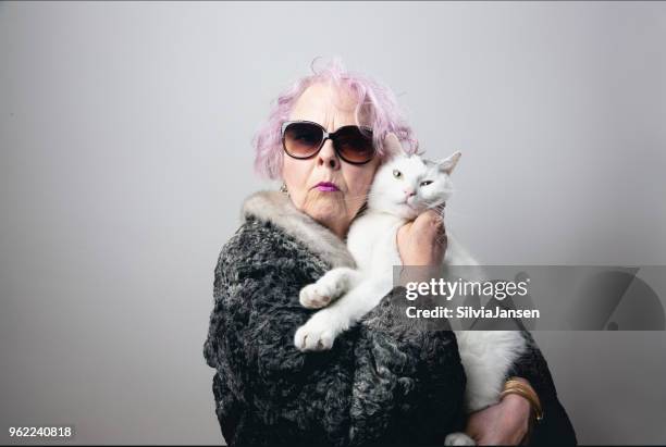 seltsame exzentrische senior lady mit ihrer katze mit sonnenbrille - funny dressed man stock-fotos und bilder
