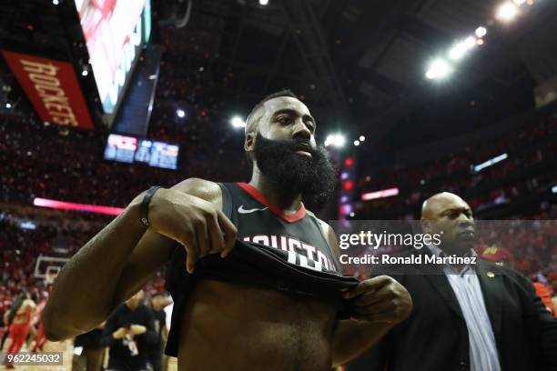 James Harden of the Houston Rockets celebrates their 98 to 94 win over the Golden State Warriors of Game Five of the Western Conference Finals of the...