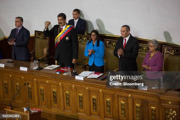 Nicolas Maduro, Venezuela's president, second left, gestures as he stands with Tarek William Saab, Venezuela's public prosecutor, left, Delcy...