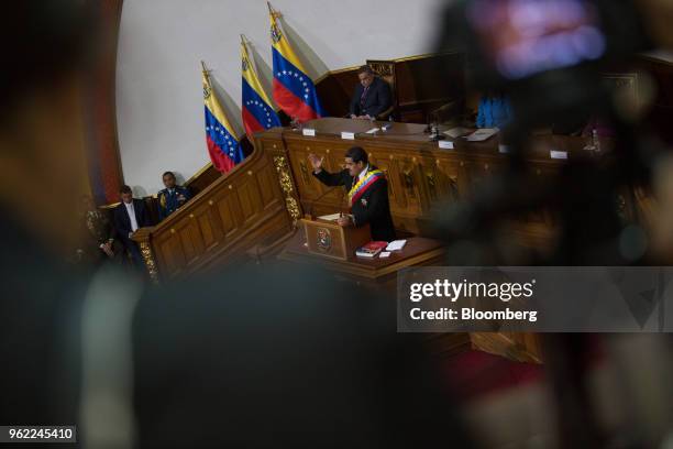 Nicolas Maduro, Venezuela's president, speaks during a swearing-in ceremony in Caracas, Venezuela, on Thursday, May 24, 2018. After calling and...