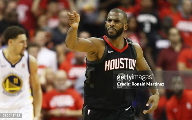 Chris Paul of the Houston Rockets reacts against the Golden State Warriors in the fourth quarter of Game Five of the Western Conference Finals of the...
