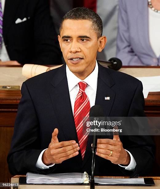 President Barack Obama delivers the State of the Union address to Congress at the Capitol in Washington, D.C., U.S., on Wednesday, Jan. 27, 2010....