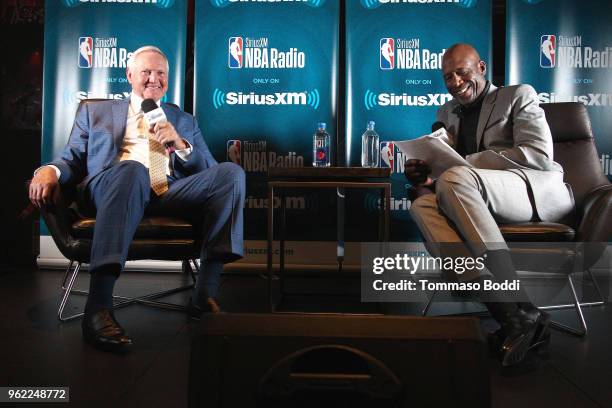 Jerry West and James Worthy attend the NBA Legend Jerry West Sits Down for SiriusXM Town Hall at the L.A. Forum, hosted by James Worthy at The Forum...