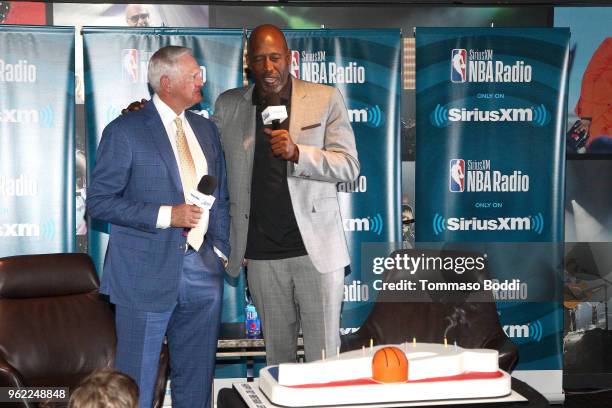 Jerry West and James Worthy attend the NBA Legend Jerry West Sits Down for SiriusXM Town Hall at the L.A. Forum, hosted by James Worthy at The Forum...