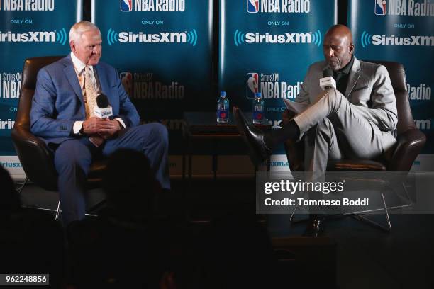 Jerry West and James Worthy attend the NBA Legend Jerry West Sits Down for SiriusXM Town Hall at the L.A. Forum, hosted by James Worthy at The Forum...