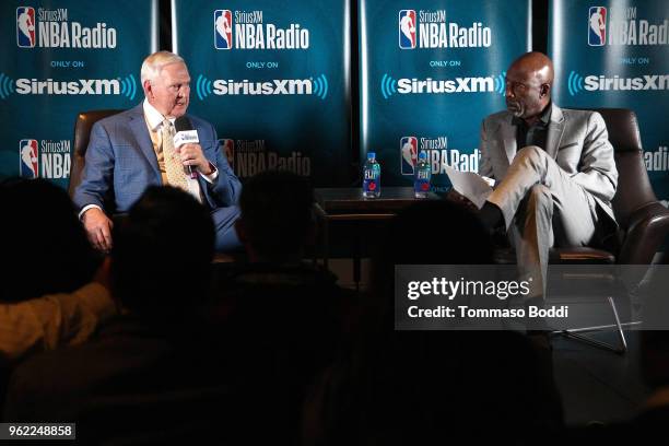 Jerry West and James Worthy attend the NBA Legend Jerry West Sits Down for SiriusXM Town Hall at the L.A. Forum, hosted by James Worthy at The Forum...