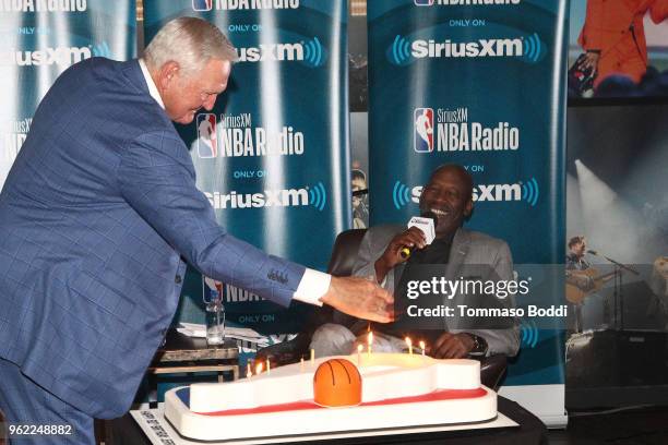 Jerry West and James Worthy attend the NBA Legend Jerry West Sits Down for SiriusXM Town Hall at the L.A. Forum, hosted by James Worthy at The Forum...