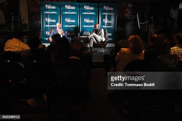Jerry West and James Worthy attend the NBA Legend Jerry West Sits Down for SiriusXM Town Hall at the L.A. Forum, hosted by James Worthy at The Forum...