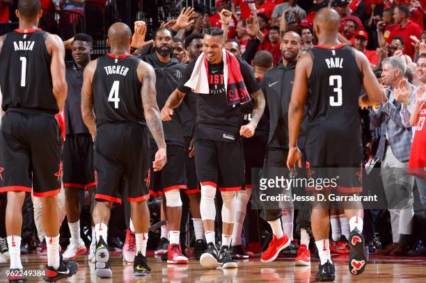 Gerald Green of the Houston Rockets reacts during the game against the Golden State Warriors during Game Five of the Western Conference Finals of the...