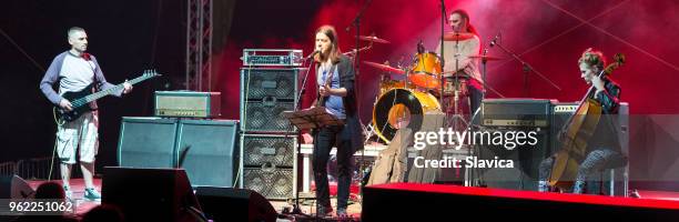 rock band playing on the stage - concert stage speakers stock pictures, royalty-free photos & images