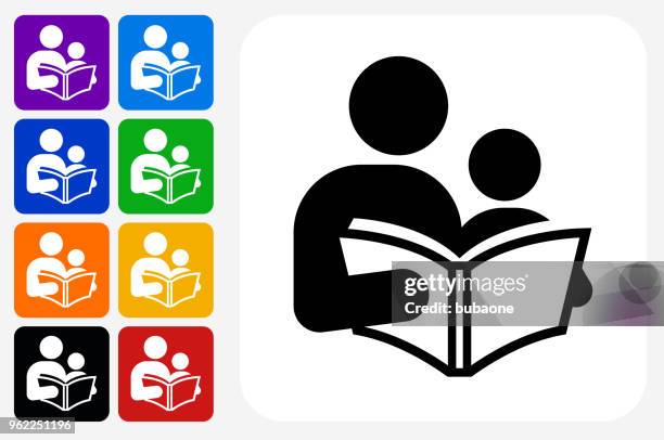 reading and children icon square button set - parenting icon stock illustrations