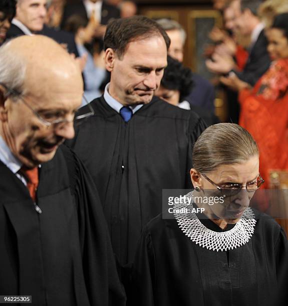 Supreme Court Justices Stephen Breyer , Samuel Alito and Ruth Bader Ginsburg enter the US House of Representatives to attend US President Barack...