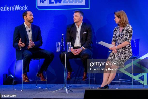 Nick Kelly and Ryan Djabbarah on stage during the Leaders Ultimate Fan Experience confrence at the Microsoft New York office on May 24, 2018 in New...