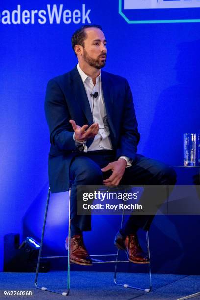 Nick Kelly and Ryan Djabbarah on stage during the Leaders Ultimate Fan Experience confrence at the Microsoft New York office on May 24, 2018 in New...