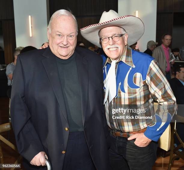 Photographer Leonard Kamsler and musician Fred LaBour attend the CMHOF Outlaws and Armadillos VIP Opening Reception on May 24, 2018 in Nashville,...