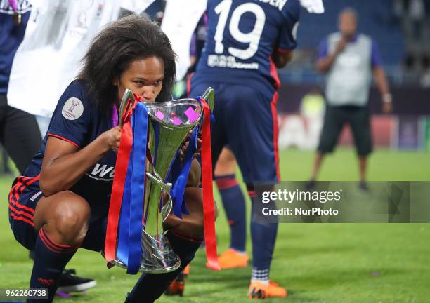 Wendie Renard of Olympique Lyonnais celebrates after the UEFA Women's Champions League final match between VfL Wolfsburg and Olympique Lyonnais on...