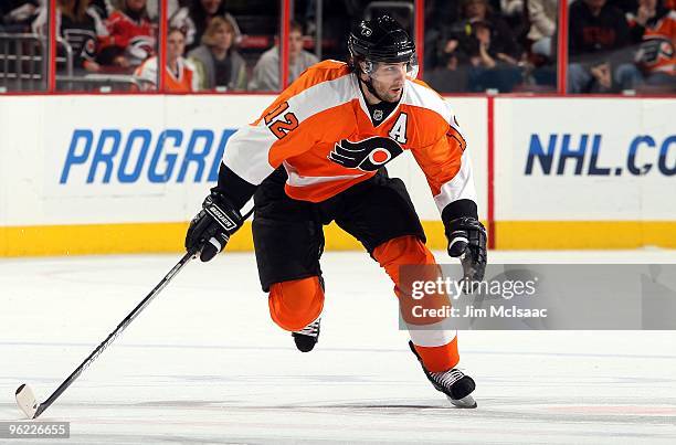 Simon Gagne of the Philadelphia Flyers skates against the Carolina Hurricanes on January 23, 2010 at Wachovia Center in Philadelphia, Pennsylvania.