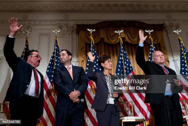 From left, candidates running for California's 39th Congressional district seat in Congress Phil Liberatore, Sam Jammal, Young Kim, and John Collum...