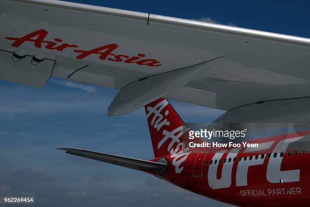 AirAsia's and UCF official partner stickers on the aircraft shot during AirAsia livery event at KLIA 2 on May 25, 2018 in Kuala Lumpur, Malaysia.