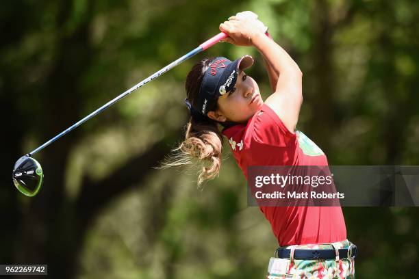 Hikari Fujita of Japan hits her tee shot on the 15th hole during the first round of the Resorttust Ladies at Kansai Golf Club on May 25, 2018 in...