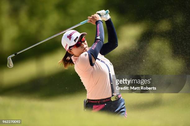 Minami Katsu of Japan hits out of the bunker on the 2nd hole during the first round of the Resorttust Ladies at Kansai Golf Club on May 25, 2018 in...