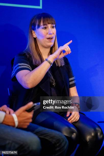 Georgia Sapounas and Dan Barnett on stage during the Leaders Ultimate Fan Experience confrence at the Microsoft New York office on May 24, 2018 in...