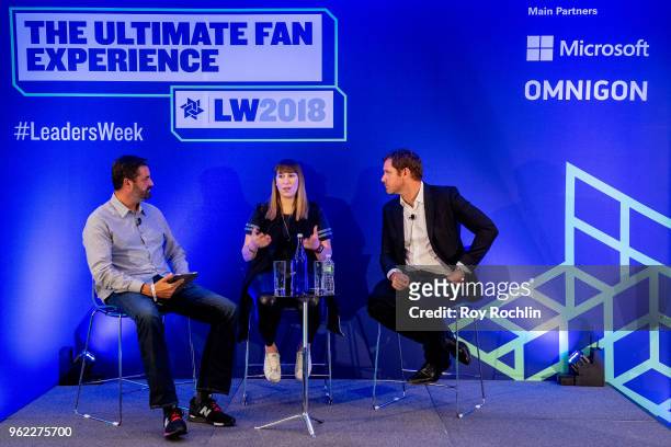 Georgia Sapounas and Dan Barnett on stage during the Leaders Ultimate Fan Experience confrence at the Microsoft New York office on May 24, 2018 in...