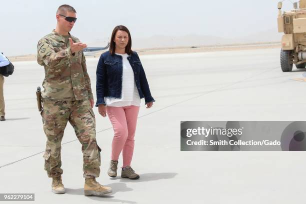 Photograph of Colonel Dave Zinn with Alabama congresswoman Martha Roby during a visit to Kandahar Airfield, Afghanistan, May 14, 2018.