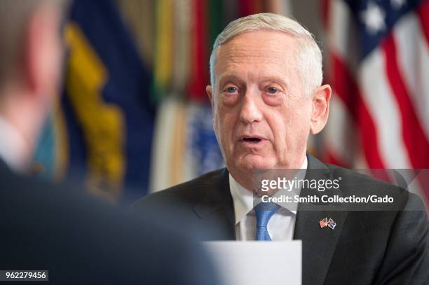Photograph of US Secretary of Defense James Mattis speaking to Icelandic Minister for Foreign Affairs Thor Thordharson at the Pentagon building,...