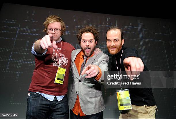 Actor Ben York Jones, director Drake Doremus and actor Andrew Dickler attend a screening of "Douchebag" at Eccles Theatre during the 2010 Sundance...