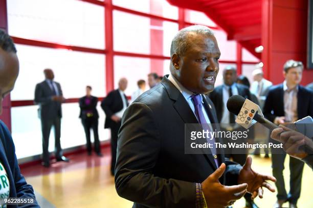 Maryland Gubernatorial candidate Rushern Baker and other candidates talk with the media after the first debate May 21, 2018 in Baltimore, MD. Baker,...