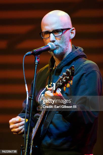 Musician Moby performs at the Fun Lovers Unite Gun Sense Event at the Regent Theater on May 24, 2018 in Los Angeles, California.