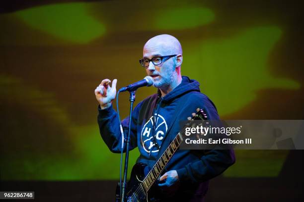Musician Moby performs at the Fun Lovers Unite Gun Sense Event at the Regent Theater on May 24, 2018 in Los Angeles, California.