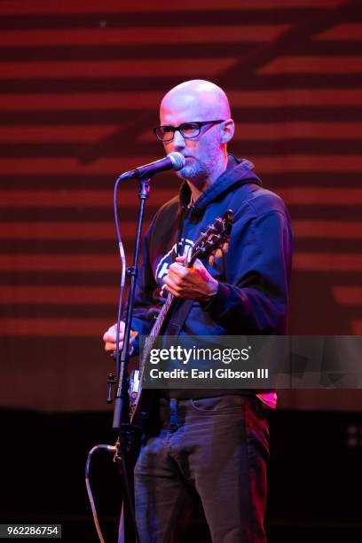 Musician Moby performs at the Fun Lovers Unite Gun Sense Event at the Regent Theater on May 24, 2018 in Los Angeles, California.