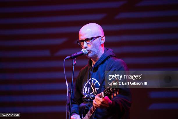 Musician Moby performs at the Fun Lovers Unite Gun Sense Event at the Regent Theater on May 24, 2018 in Los Angeles, California.