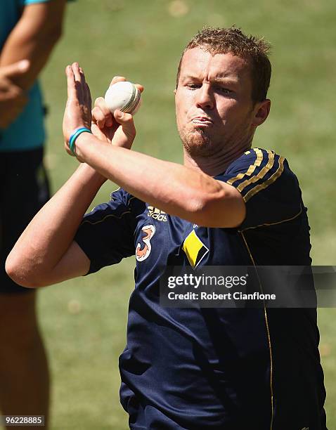 Peter Siddle of Australia bowls during an Australian nets session at WACA on January 28, 2010 in Perth, Australia.