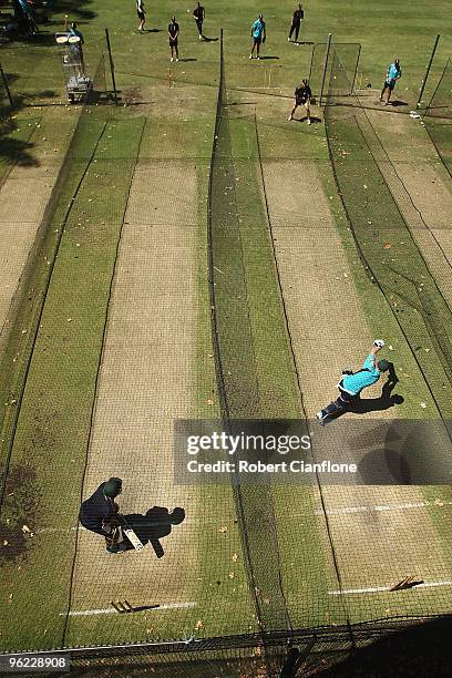 James Hopes and Adam Voges of Australia bat during an Australian nets session at WACA on January 28, 2010 in Perth, Australia.