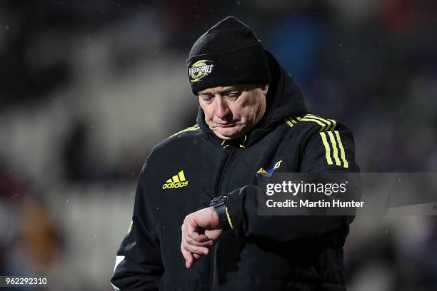 Hurricanes head coach Chris Boyd prior to the round 15 Super Rugby match between the Crusaders and the Hurricanes at AMI Stadium on May 25, 2018 in...