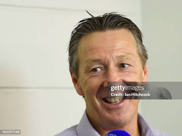 Storm coach Craig Bellamy speaks in a television interview before the start of the round 12 NRL match between the North Queensland Cowboys and the...