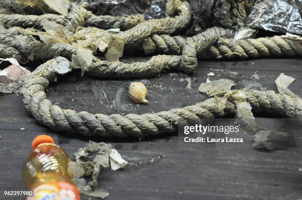 View of plastic waste is displayed inside the company Revet Recycling while workers select the plastic waste collected by the fishermen inside the...