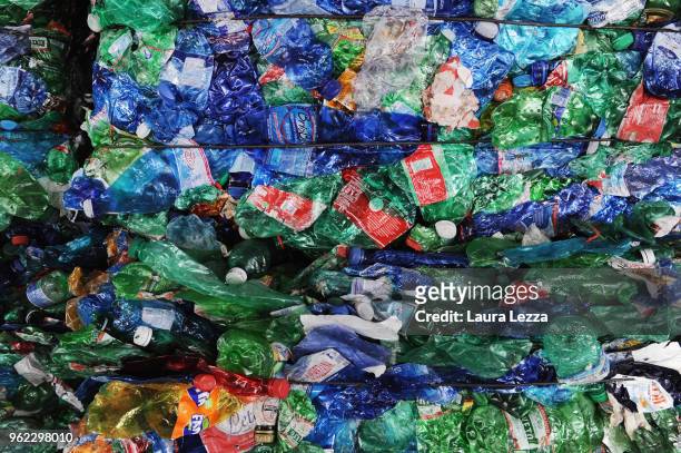 View of bales of materials of plastic ready to be recycled including the plastic waste collected by the fishermen during the operations of...