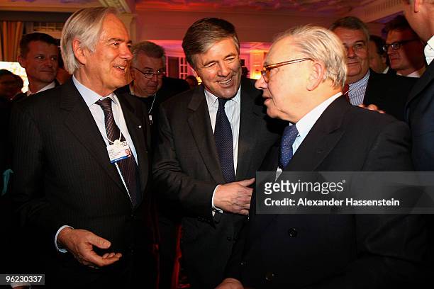 Publisher Hubert Burda , talks to Roland Berger and Josef Ackermann , CEO of Deutsche Bank AG during the Burda DLD Nightcap 2010 at the Bellvedere...