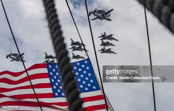 Carrier Air Wing airplanes and the French Carrier Air Wing flying over the aircraft carrier USS George HW Bush , Chesapeake 2018, Atlantic Ocean, May...