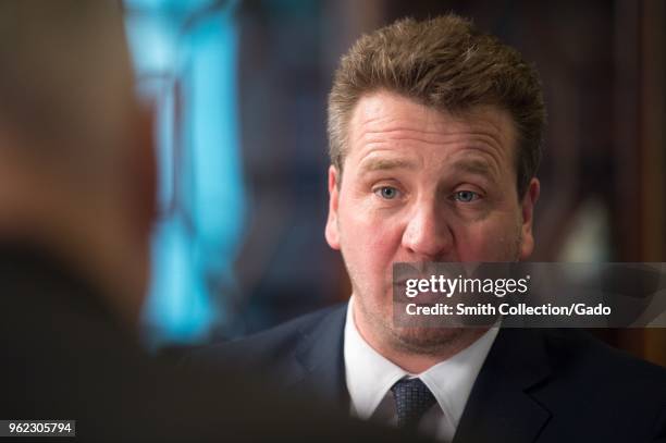 Photograph of Icelandic Minister for Foreign Affairs Thor Thordharson speaking to US Secretary of Defense James Mattis during a meeting at the...