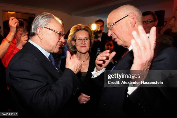 Publisher Hubert Burda talks to Klaus Schwab , founder of the world economic forum, during the Burda DLD Nightcap 2010 at the Bellvedere Hotel on...