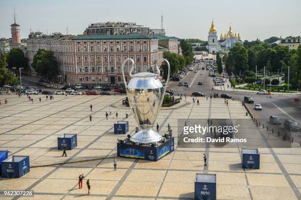 Giant replica of the UEFA Champions league trophy is placed in the city center ahead of the UEFA Champions League final between Real Madrid and...