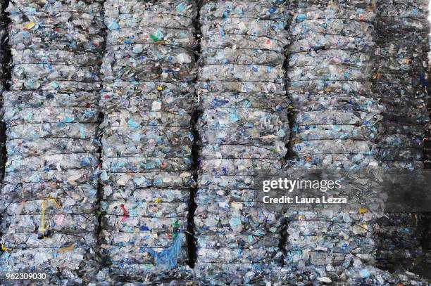 View of bales of materials of plastic ready to be recycled including the plastic waste collected by the fishermen during the operations of...